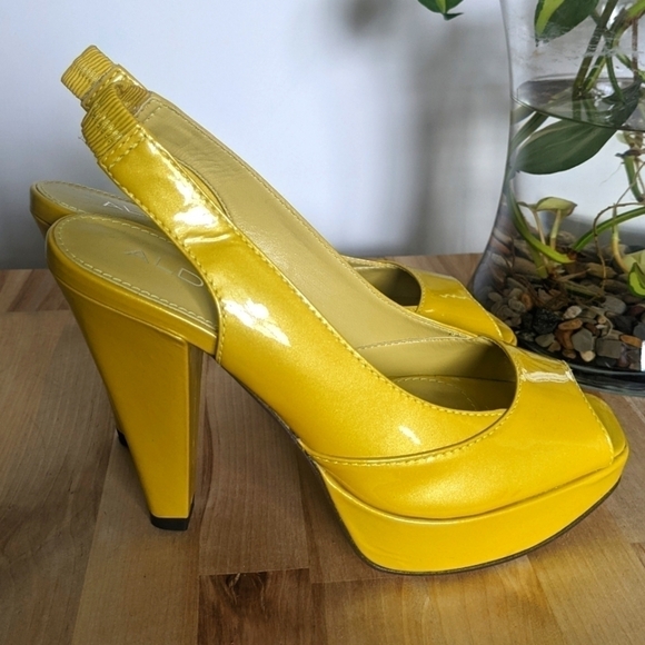 aldo Bright Yellow Platform Peep Toe Slingbacks 37 - Picture 2 of 8